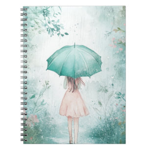 Caderno Espiral Menina com Guarda-chuva Verde-azulado Jardim Chuvo