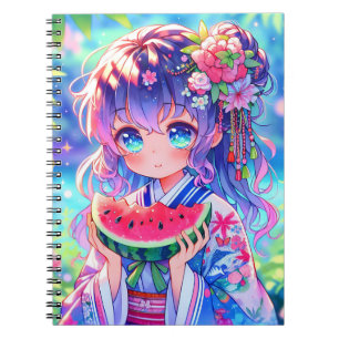 Caderno Espiral Menina de animação bonita comendo melancia no dia