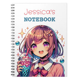 Caderno Espiral Menina de animação bonita segurando chá de bolha p
