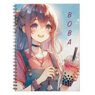 Caderno Espiral Menina de animação bonita segurando uma chá Boba