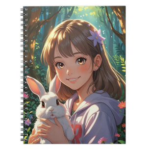 Caderno Espiral Menina de Animação com Flower Ribbon e seu Coelhin