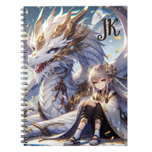 Caderno Espiral Menina de animação e dragão branco e Dourado monog