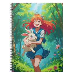 Caderno Espiral Menina de anime de cabelos brancos com seu coelhin