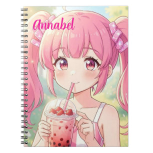 Caderno Espiral Menina de Anime de Rosa Bebendo Chá Bubble Persona