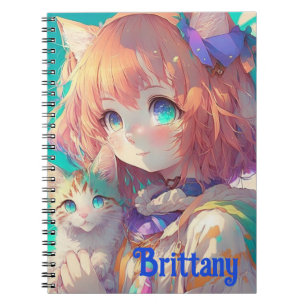 Caderno Espiral Menina de anime personalizada e bonita com gatinho