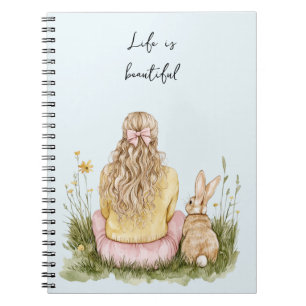Caderno Espiral Menina de Cabelo Louro Laço Rosa Coelho Floral Gra