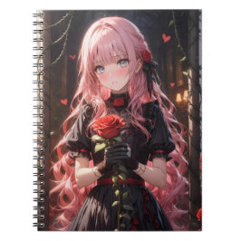 Caderno Espiral menina de cabelo rosa segurando uma rosa na mão