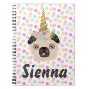 Caderno Espiral Menina do unicórnio do Pug