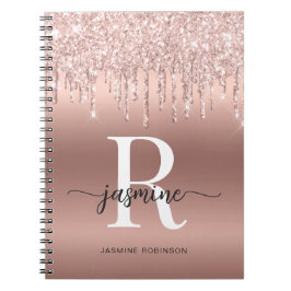 Caderno Espiral Menina Dourado Rosa Brilho Gotejante Nome Monogram