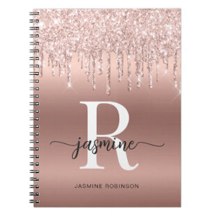 Caderno Espiral Menina Dourado Rosa Brilho Gotejante Nome Monogram