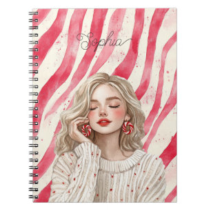 Caderno Espiral Menina Loira com Listras Vermelhas de Bastão de Do