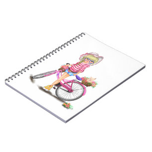 Caderno Espiral Menina Loura-Gira com Bicicleta Rosa e Gato nas Fl