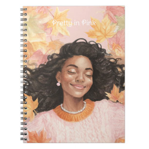 Caderno Espiral Menina Negra Folhas Amarelas Rosa