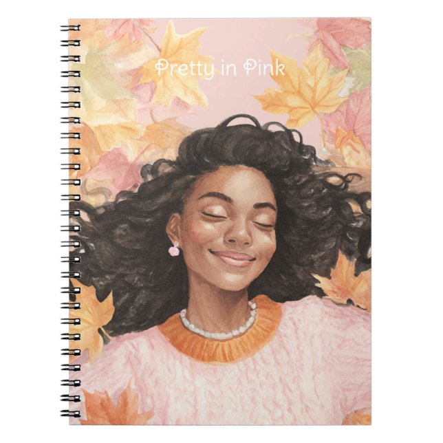 Caderno Espiral Menina Negra Folhas Amarelas Rosa (Frente)