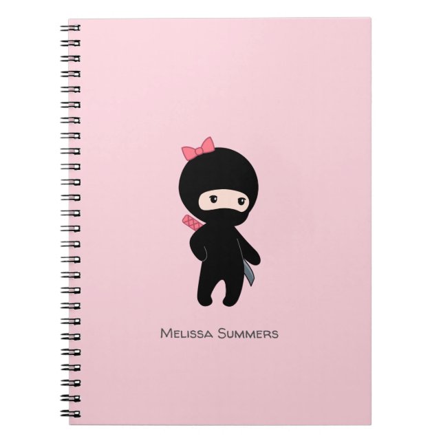 Caderno Espiral Menina Ninja, nome personalizado a rosa (Frente)
