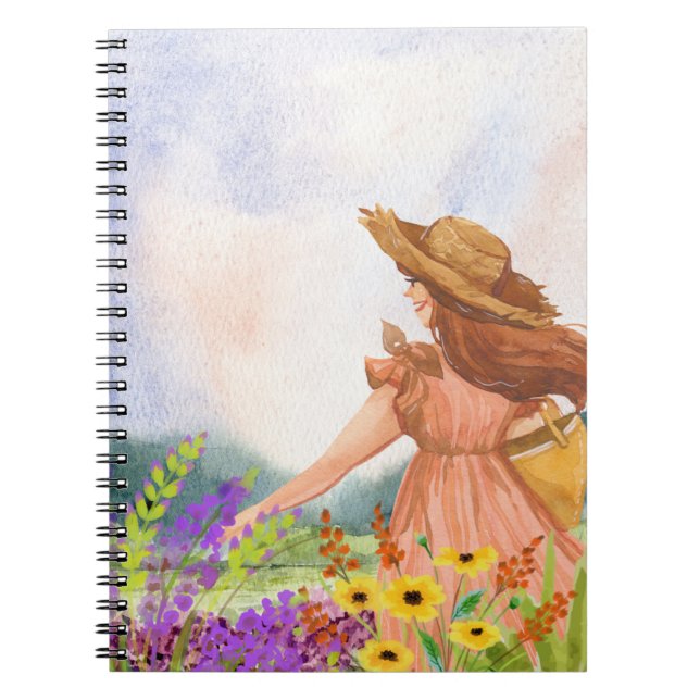 Caderno Espiral Menina num campo de flores (Frente)