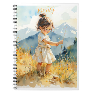 Caderno Espiral Menina pequena apanhando flores silvestres