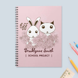 Caderno Espiral Menina Rosa Amiga Fofa Desenho Gatinho e Coelho Cr
