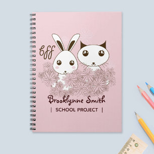 Caderno Espiral Menina Rosa Amiga Fofa Desenho Gatinho e Coelho Cr