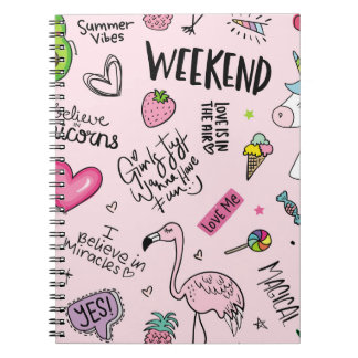 Caderno Espiral Meninas divertem conceito com unicórnio, flamingo,