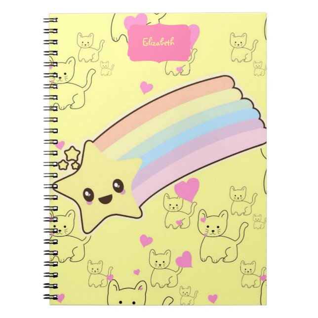 Caderno Espiral Meninas Kawaii Bonito no Orçamento Nome Amarelo (Frente)