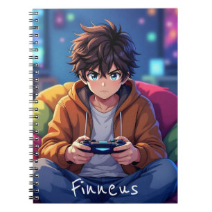 Caderno Espiral Menino Anime jogando Video Game Personalizado