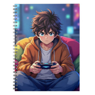 Caderno Espiral Menino Anime jogando Videogame 