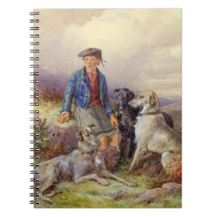 Caderno Espiral Menino escocês com wolfhounds em um landsca das