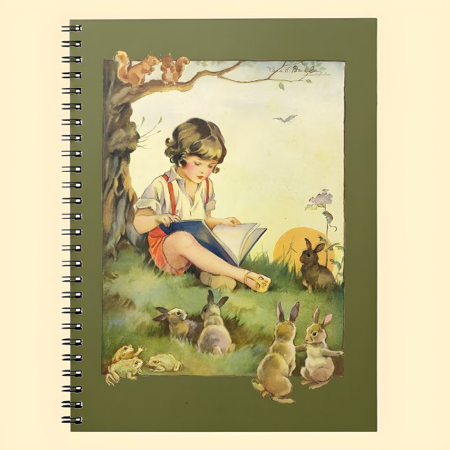 Caderno Espiral Menino lendo sob árvore com coelhos (Criador carregado)