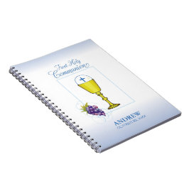 Caderno Espiral Menino Primeira Comunhão, Cálice com Hóstia e Uvas