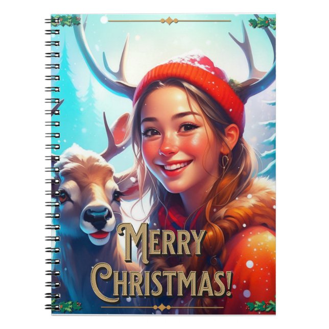 CADERNO ESPIRAL MERRY CHRISTMAS REINDEER COM GAROTA FELIZ (Frente)