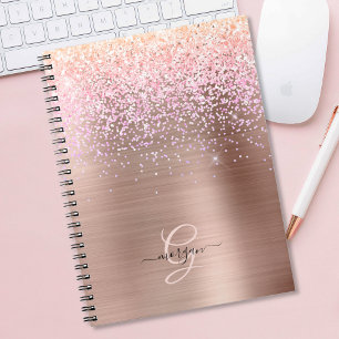 Caderno Espiral Metal Dourado Rosa, Brilho, Nome em Letra Cursiva
