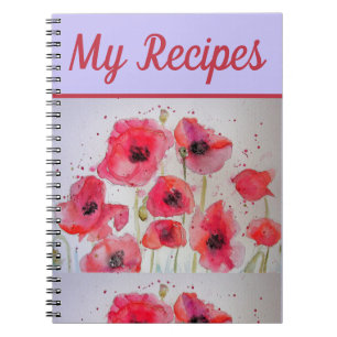 Caderno Espiral Meu Livro de Receitas, Poppy Red Flower Watercolor