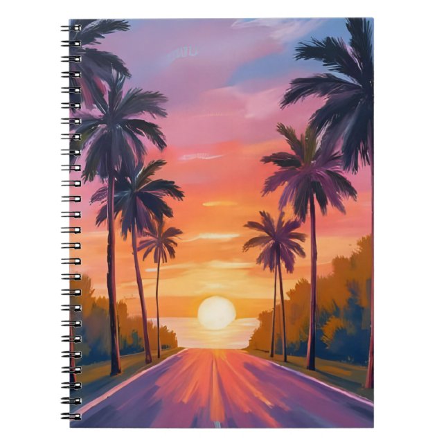 Caderno Espiral Miami Beach Sunset Palm Tree Tropical (Frente)