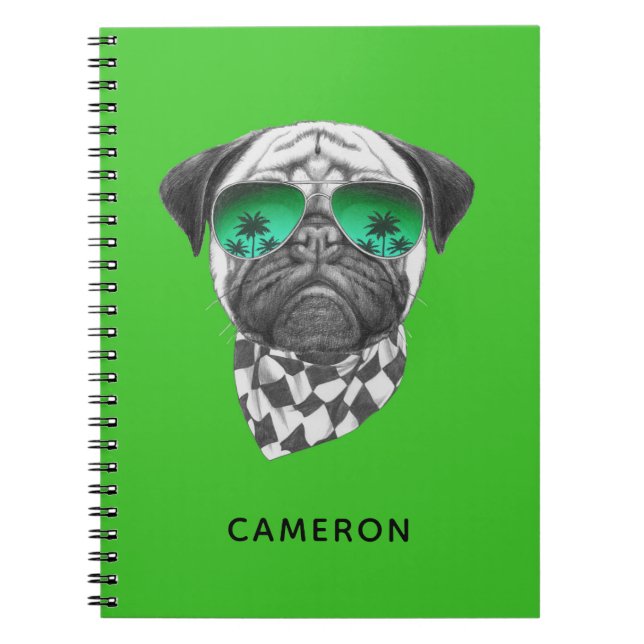 Caderno Espiral Miami Pug | Adicione seu nome (Frente)