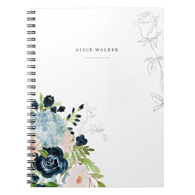 Caderno Espiral Midnight Blue Floral Blush Stationery Note Card (Frente)
