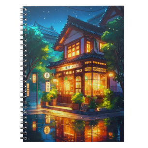 Caderno Espiral Midnight Matcha – Aconchegante Café Japonês Lofi