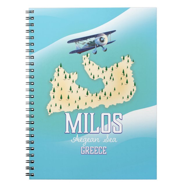 Caderno Espiral Milos, poster de viagens de mapa da ilha grega. (Frente)