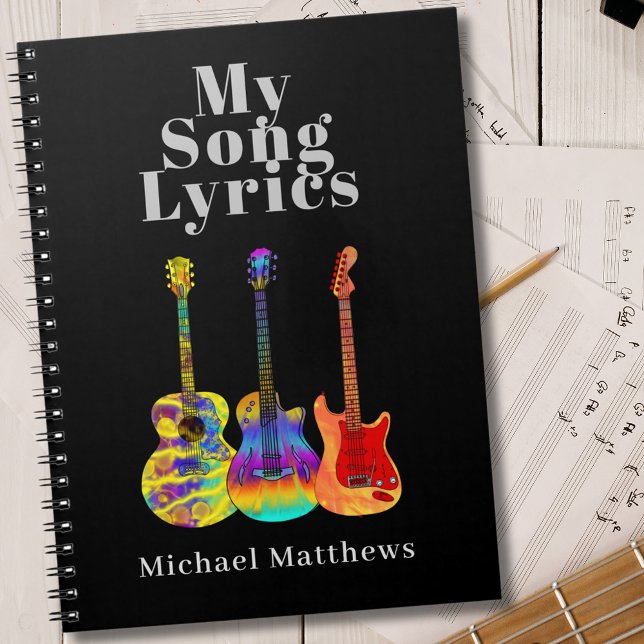 Caderno Espiral Minha Música Letra Guitarra Personalizada (My song lyrics guitar musician custom notebook Song writers, guitarists and music students)