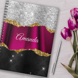 Caderno Espiral Minigrama de prata azul Faux Monograma preto Fuchs