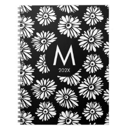Caderno Espiral Minimalist Groovy Black and White Daisy Monogram