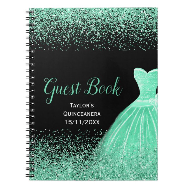 Caderno Espiral Mint Green Dress Faux Glitter Quinceanera Guest (Frente)