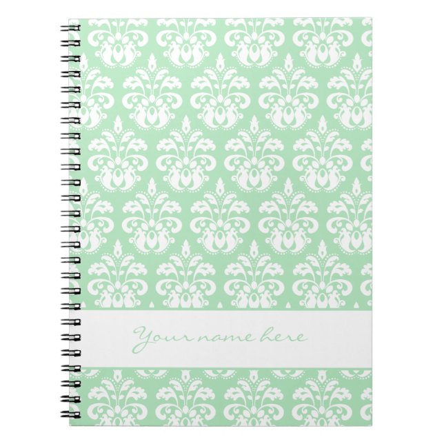 Caderno Espiral Mint verde e damasco branco com seu nome (Frente)