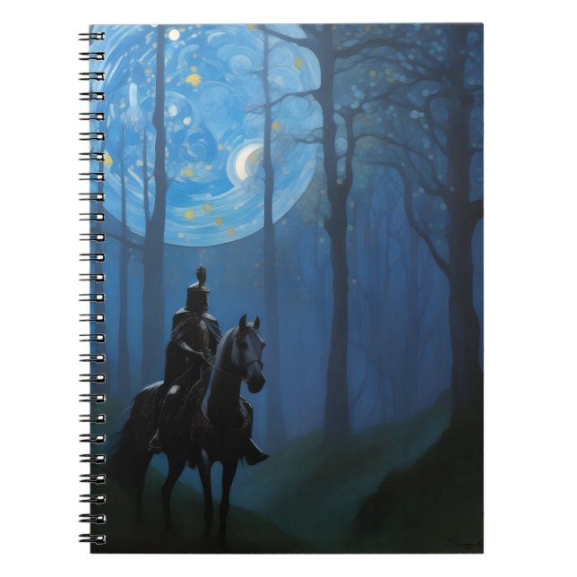 Caderno Espiral Misterioso Cavaleiro Negro na Floresta Lua (Frente)