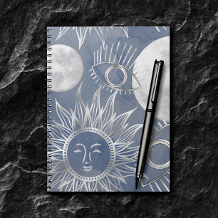 Caderno Espiral Mística Solar Lua azul-poeirenta Estrelas dourad