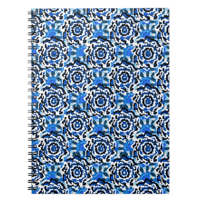 Caderno Espiral Moda abstrato floral, azul, preta e bege (Frente)