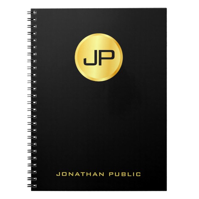 Caderno Espiral Modelo de Monograma Dourado e preto elegante (Frente)