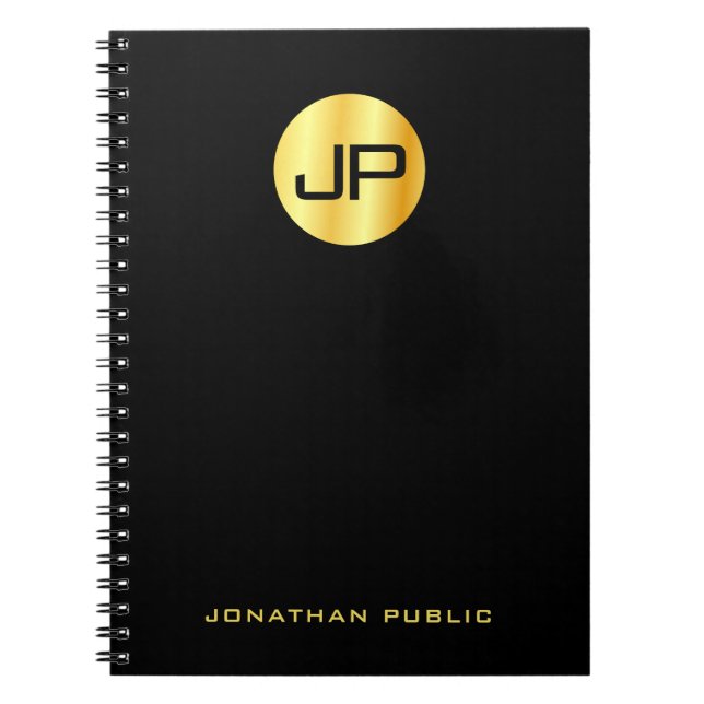 Caderno Espiral Modelo Preto Elegante Dourado Monograma Personaliz (Frente)