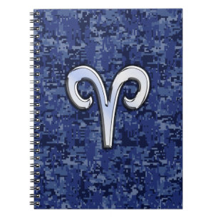 Caderno Espiral Modern Aries Zodiac Símbolo Marinho Azul Camo Digi