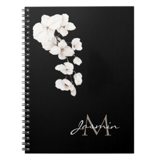Caderno Espiral Modern Black and White Orchid Floral Monogram